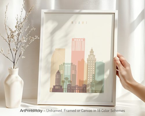 Art print of a stylized Miami cityscape featuring buildings in pastel colors.