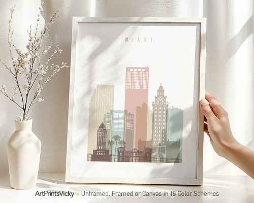 Art print of Miami skyline featuring various buildings in pastel colors with the text 'MIAMI'.