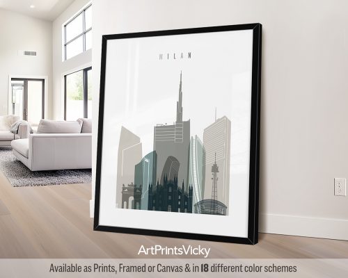 Framed artwork featuring a stylized cityscape of Milan with notable buildings and structures.