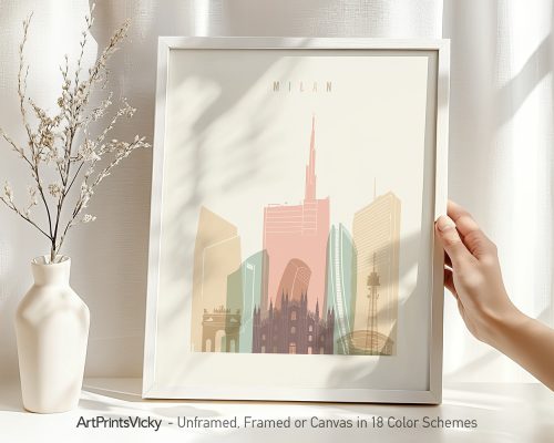 Framed artwork featuring a stylized cityscape of Milan with notable buildings and a soft color palette.