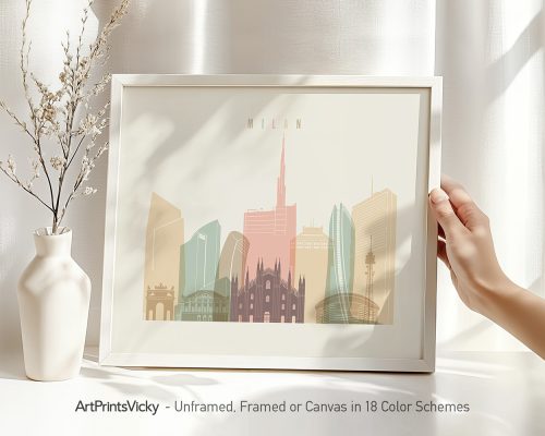 Art print of Milan's skyline featuring notable buildings in pastel colors.