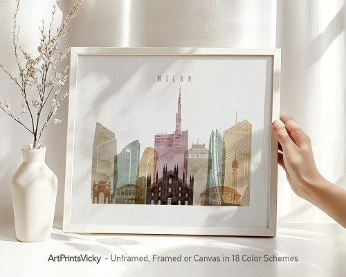 Art print of Milan skyline featuring various architectural structures in a framed display.