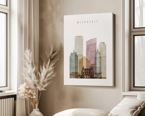 Art print featuring a stylized cityscape of Milwaukee with various building silhouettes.