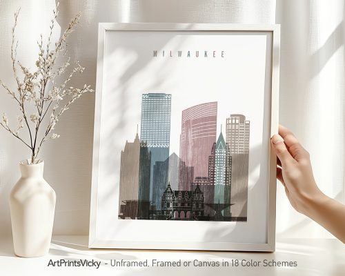 Framed print of Milwaukee's skyline featuring various buildings in muted colors.