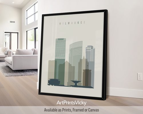 Framed print of Milwaukee city skyline featuring various buildings in muted colors.
