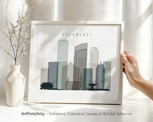 Art print of the Milwaukee city skyline featuring various buildings in gray tones.