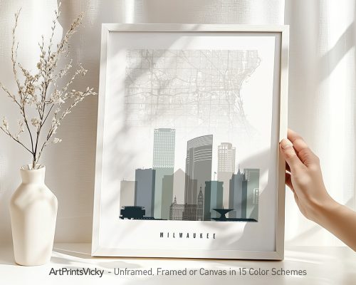 Map of Milwaukee featuring a detailed skyline and key landmarks in a minimalist design.