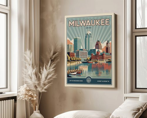 Retro-style poster of Milwaukee featuring city skyline and water reflections.