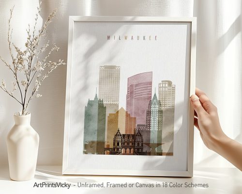 Art print of the Milwaukee city skyline featuring various buildings in muted colors.
