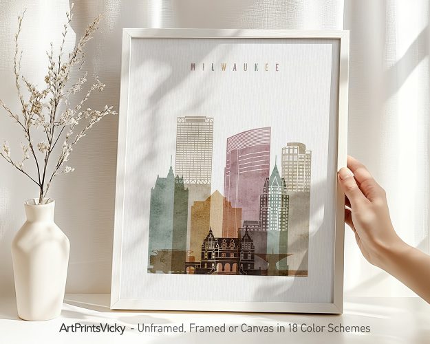 Art print of the Milwaukee city skyline featuring various buildings in muted colors.