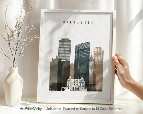 Art print featuring a stylized cityscape of Milwaukee with notable buildings and a central structure.