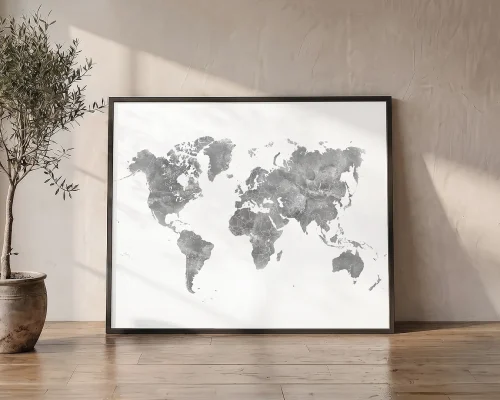 Minimalist Grey World Map Poster | ArtPrintsVicky