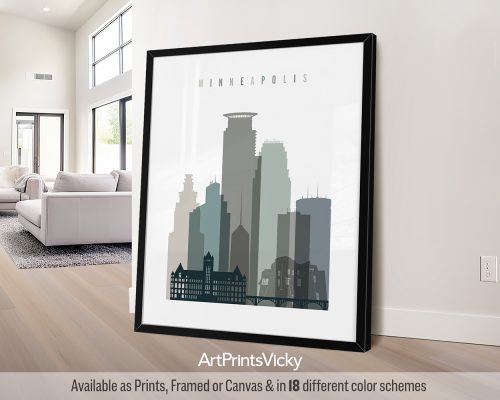 Framed cityscape print of Minneapolis featuring tall buildings and skyline.