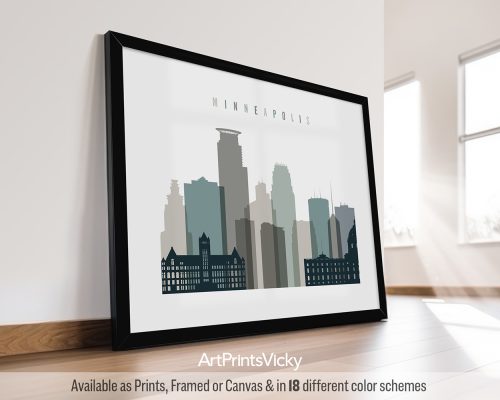 Framed print of a Minneapolis city skyline in muted colors with the text 'Minneapolis'.