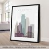 Silhouette of Minneapolis skyline featuring various building shapes and heights in muted colors.
