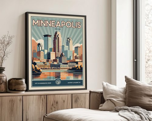 Framed print of Minneapolis city skyline with retro design and vibrant colors.
