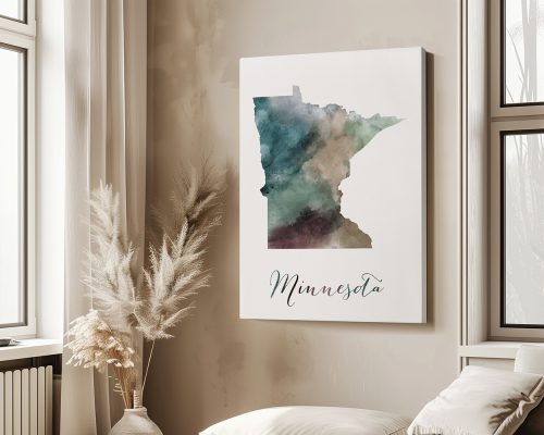 Art print of Minnesota state silhouette with watercolor texture in shades of green and blue.
