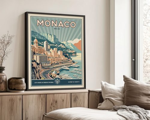 Retro travel poster featuring Monaco with a coastal view and mountains in the background.