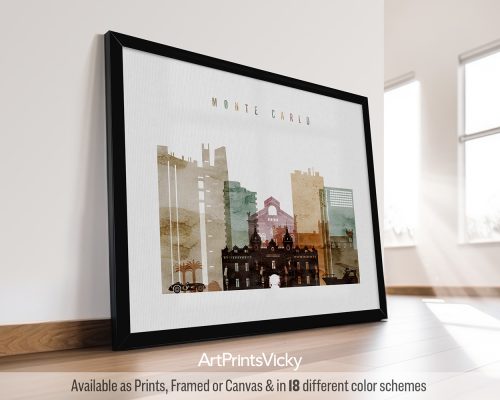 Framed artwork depicting the skyline of Monte Carlo with various buildings and colors.