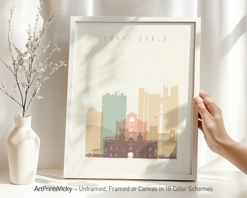 Art print of Monte Carlo featuring stylized buildings and a soft color palette.