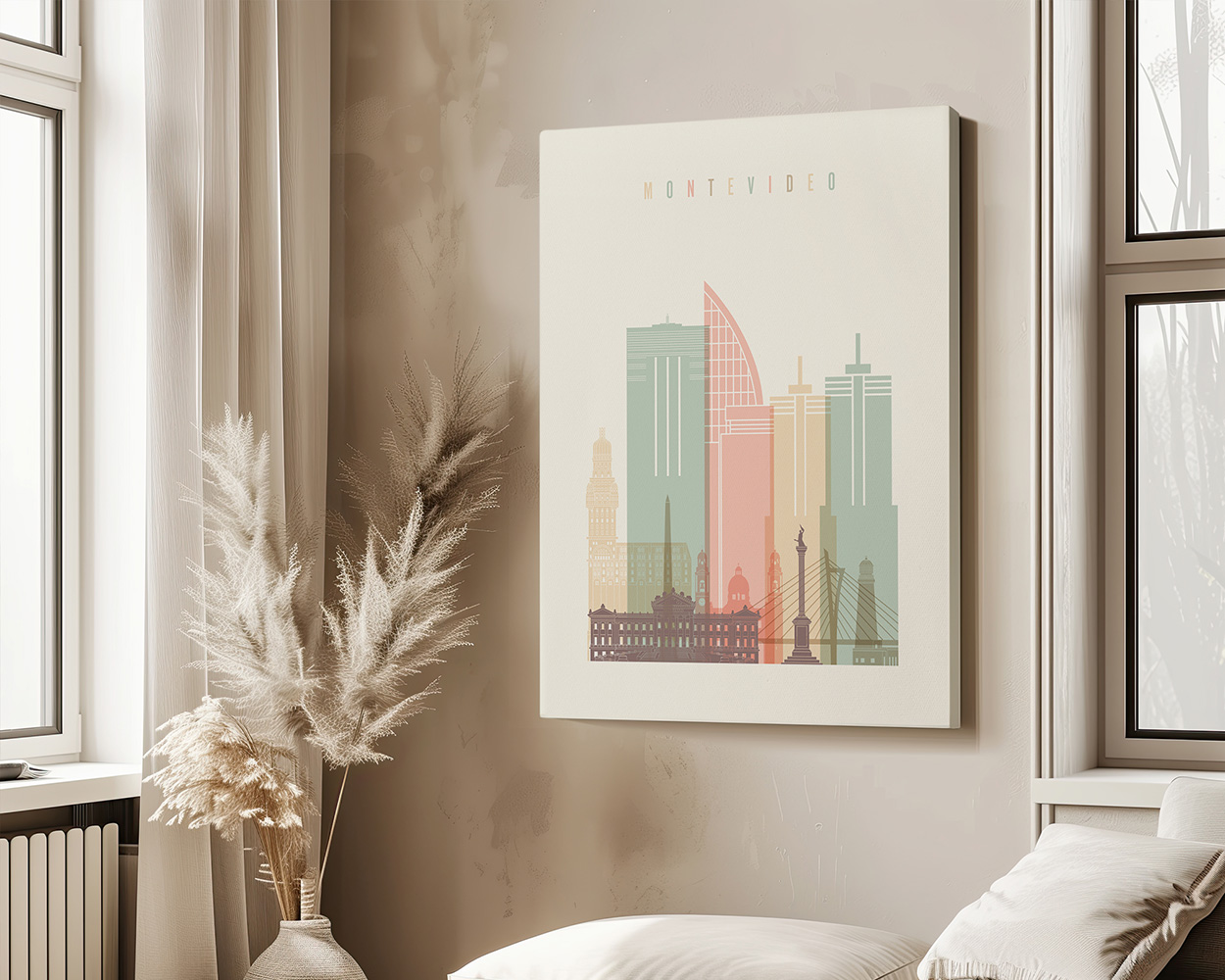 Illustration of Montevideo's skyline with notable buildings and landmarks in muted colors.