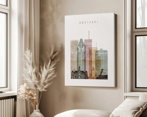 Art print of Montreal city skyline featuring various buildings and structures in muted colors.