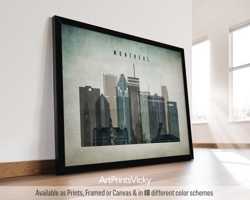 Framed print of a cityscape featuring Montreal's skyline with notable buildings.