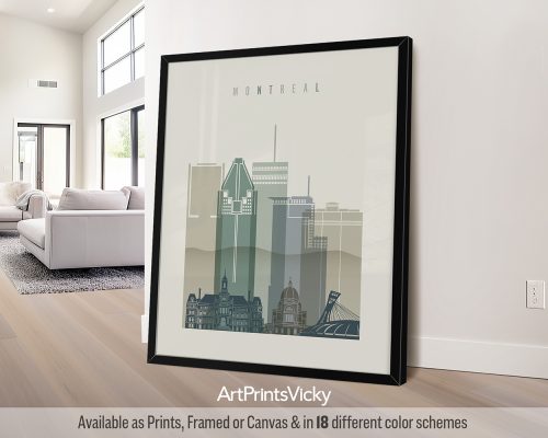 Art print of Montreal city skyline featuring iconic buildings in a minimalist design.