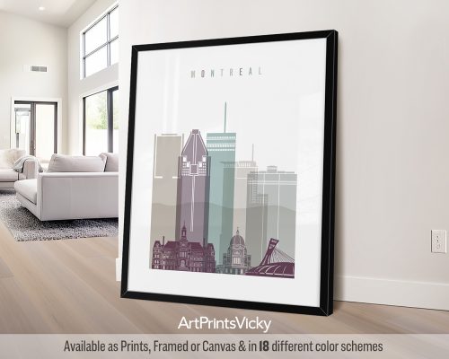 Framed print of a stylized cityscape of Montreal featuring notable buildings and landmarks.