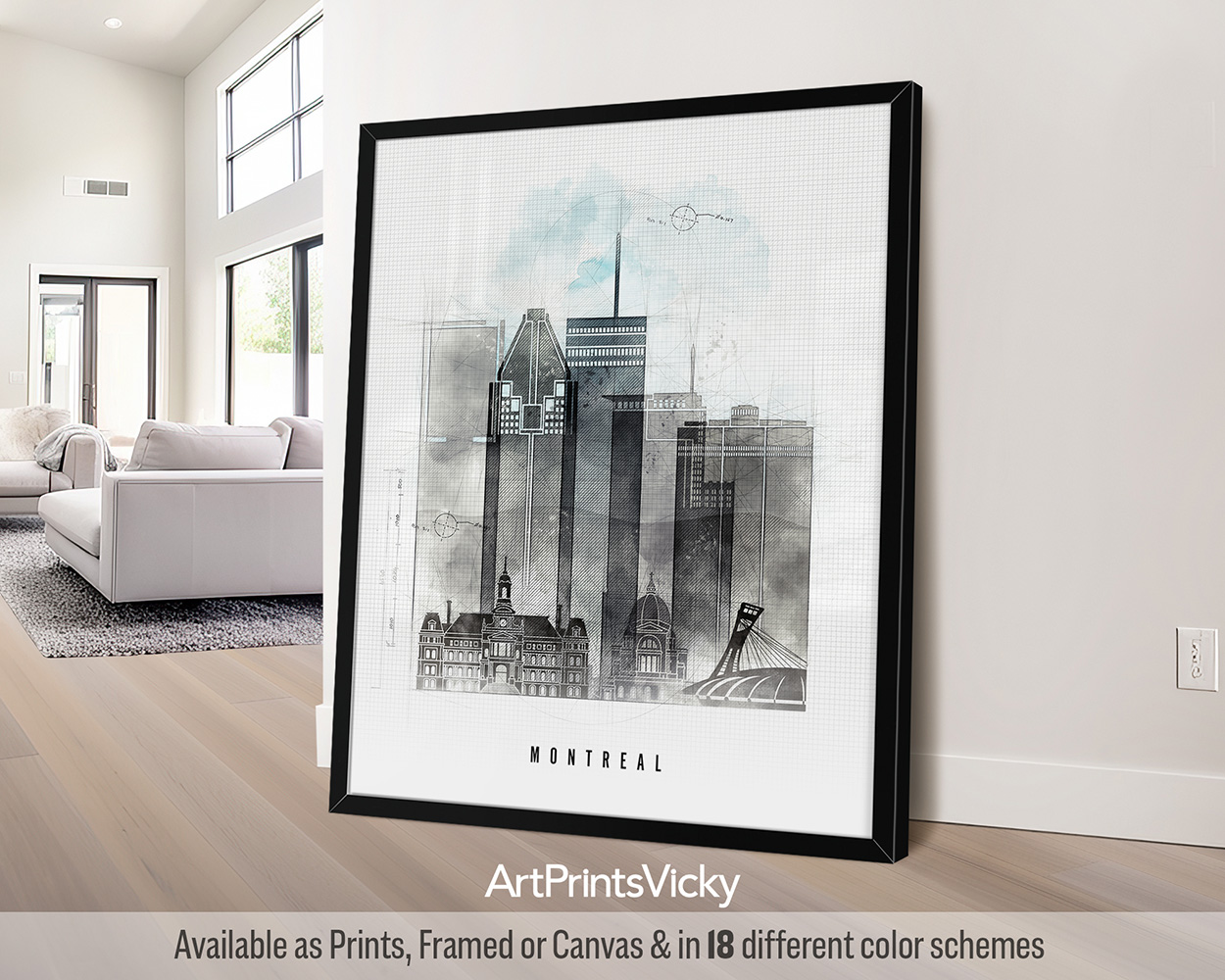 Framed artwork of Montreal cityscape featuring notable buildings in a monochrome style.