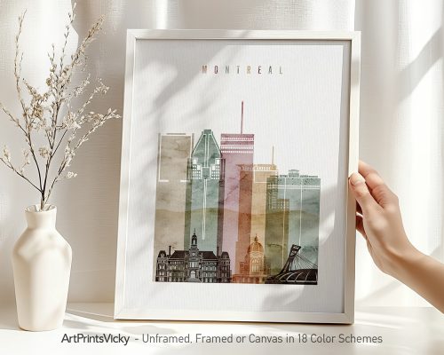 Art print of Montreal cityscape featuring various buildings and landmarks in a framed design.