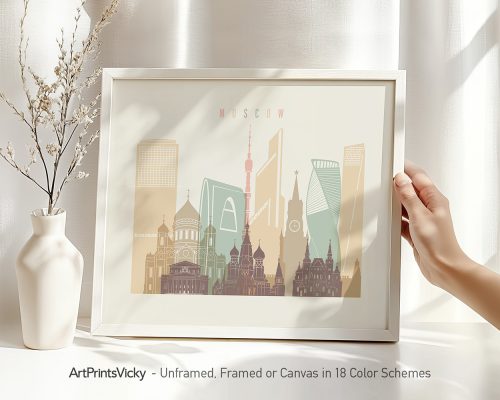 Art print of Moscow featuring iconic buildings in a minimalist design with pastel colors.