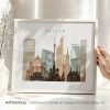 Art print featuring a stylized cityscape of Moscow with notable buildings and landmarks.