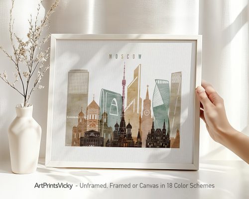 Art print featuring a stylized cityscape of Moscow with notable buildings and landmarks.