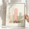 Art print featuring a stylized cityscape of Mumbai with notable buildings and landmarks.