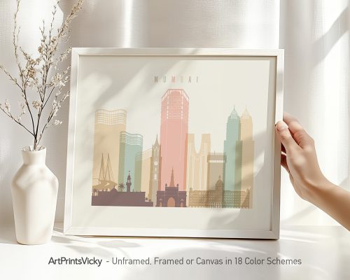 Art print featuring a stylized cityscape of Mumbai with various buildings and landmarks.
