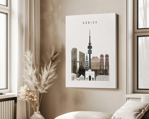 Art print featuring a stylized cityscape of Munich with notable buildings and structures.