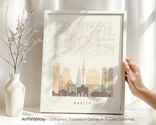 Art print of a map of Munich featuring notable landmarks and a minimalist design.
