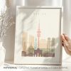 Art print featuring a stylized cityscape of Munich with notable buildings and landmarks.