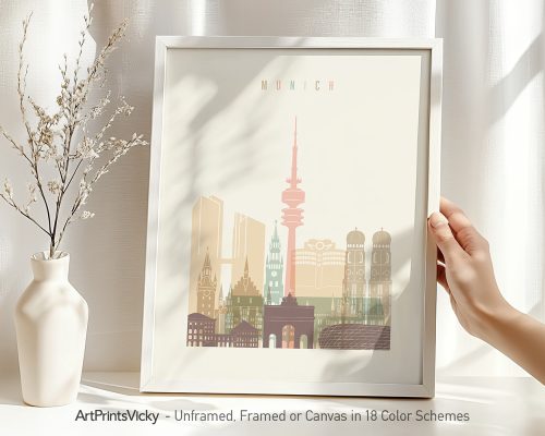 Art print featuring a stylized cityscape of Munich with notable buildings and landmarks.