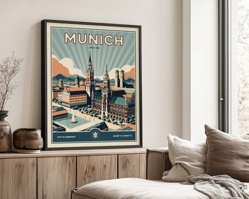 Vintage-style poster featuring the cityscape of Munich with notable buildings and a sunburst background.