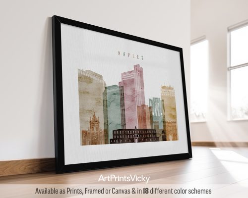 Framed artwork featuring a cityscape of Naples with various buildings in soft colors.