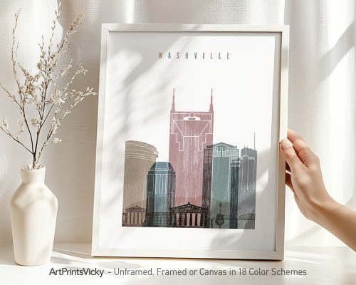 Art print of Nashville cityscape featuring notable buildings in a minimalist style.