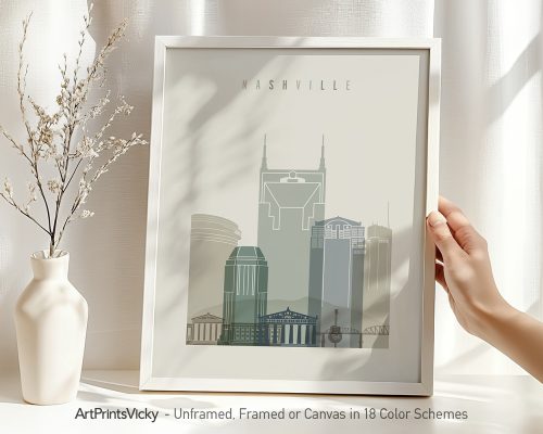 Framed artwork depicting a stylized cityscape of Nashville with notable buildings.