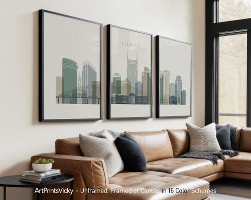 Three framed art prints depicting a cityscape of Nashville with various buildings and structures.