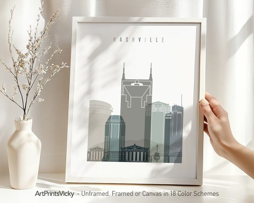 Art print featuring the Nashville city skyline in a minimalist design with various buildings.
