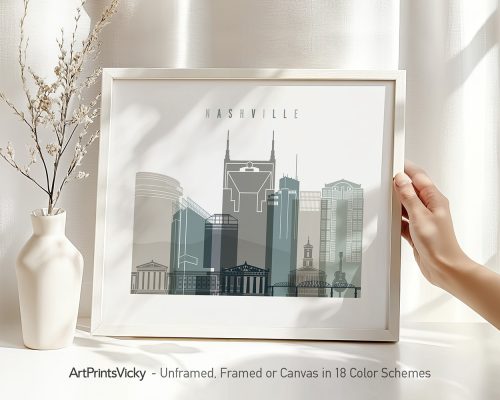 Art print of Nashville city skyline featuring notable buildings in a minimalist design.