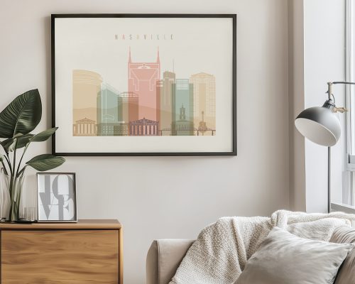 Art print featuring a stylized cityscape of Nashville with various buildings and landmarks.