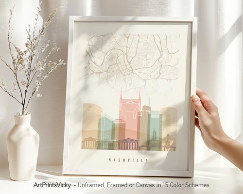 Art print of a Nashville city map featuring prominent buildings and streets in a minimalist design.