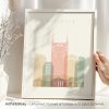 Art print of Nashville city skyline featuring notable buildings in pastel colors.